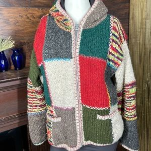 Patchwork boho hippie festival Wool Sweater jacket Chunky Knit Nepal small